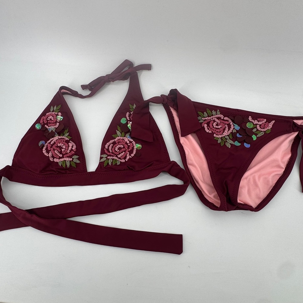 Becca by Rebecca Virtue  Floral Embroidered Sequin Bikini Set M Top S Bot